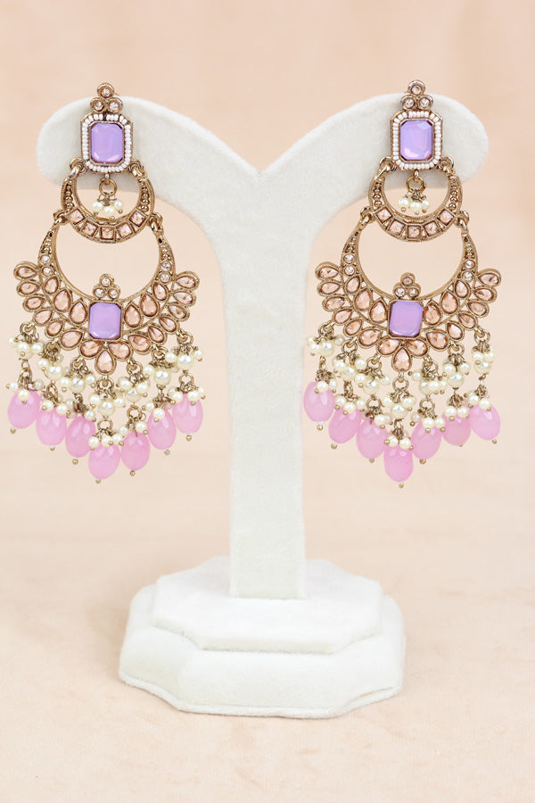 Pink | Purple Large Statement Polki Choker With Large Earrings And Tikka (CS015-PP-MP-Polki)