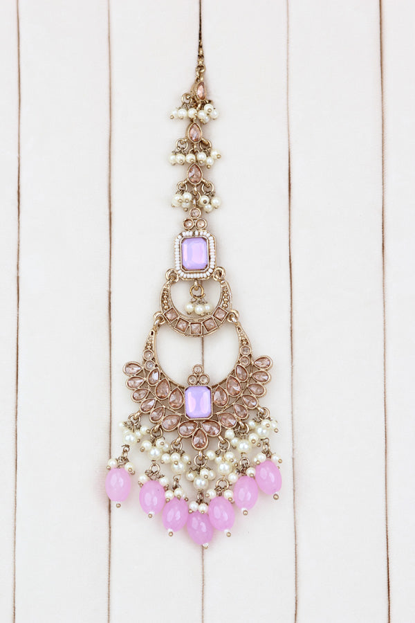 Pink | Purple Large Statement Polki Choker With Large Earrings And Tikka (CS015-PP-MP-Polki)