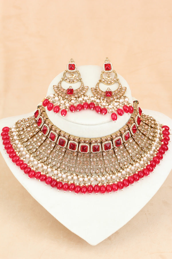 Red Large Statement Polki Choker With Large Earrings And Tikka (CS015-R-MP-Polki)