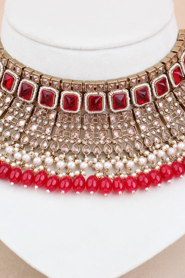 Red Large Statement Polki Choker With Large Earrings And Tikka (CS015-R-MP-Polki)
