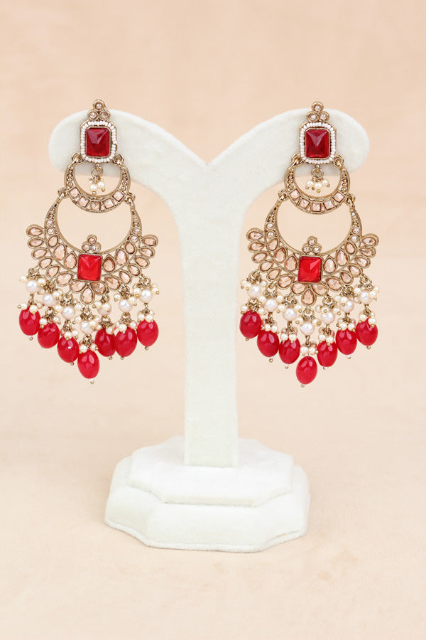 Red Large Statement Polki Choker With Large Earrings And Tikka (CS015-R-MP-Polki)