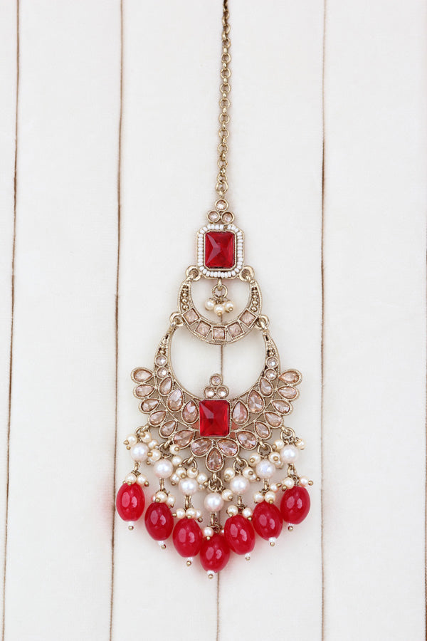 Red Large Statement Polki Choker With Large Earrings And Tikka (CS015-R-MP-Polki)