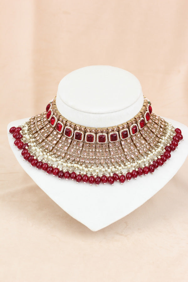 Ruby Large Statement Polki Choker With Large Earrings And Tikka (CS015-RU-MP-Polki)