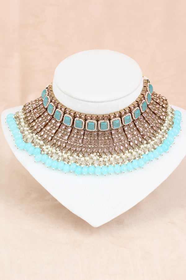 Sky Blue Large Statement Polki Choker With Large Earrings And Tikka (CS015-SB-MP-Polki)