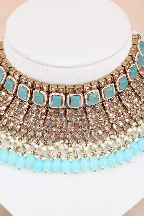 Sky Blue Large Statement Polki Choker With Large Earrings And Tikka (CS015-SB-MP-Polki)