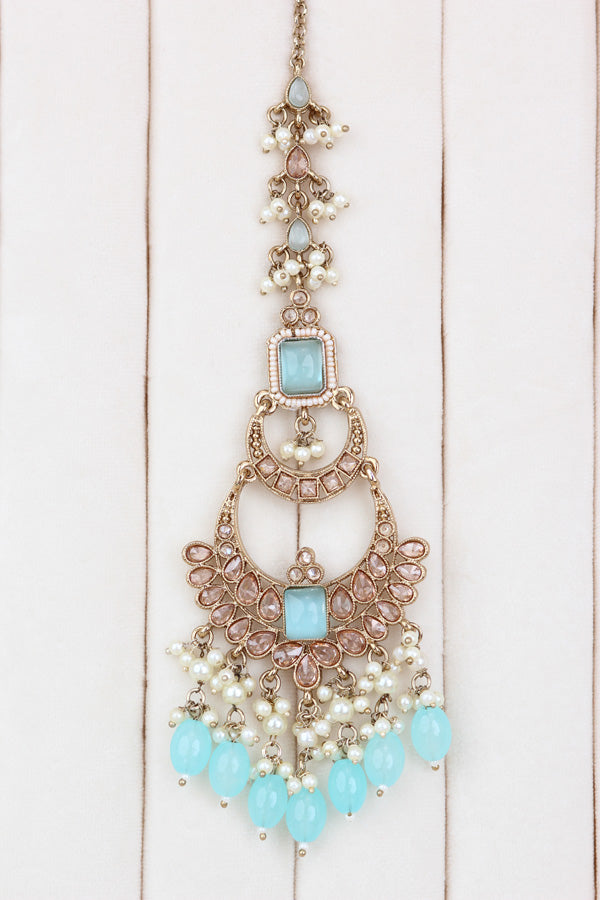 Sky Blue Large Statement Polki Choker With Large Earrings And Tikka (CS015-SB-MP-Polki)