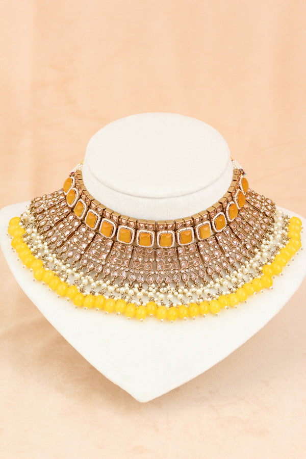 Yellow Large Statement Polki Choker With Large Earrings And Tikka (CS015-Y-MP-Polki)