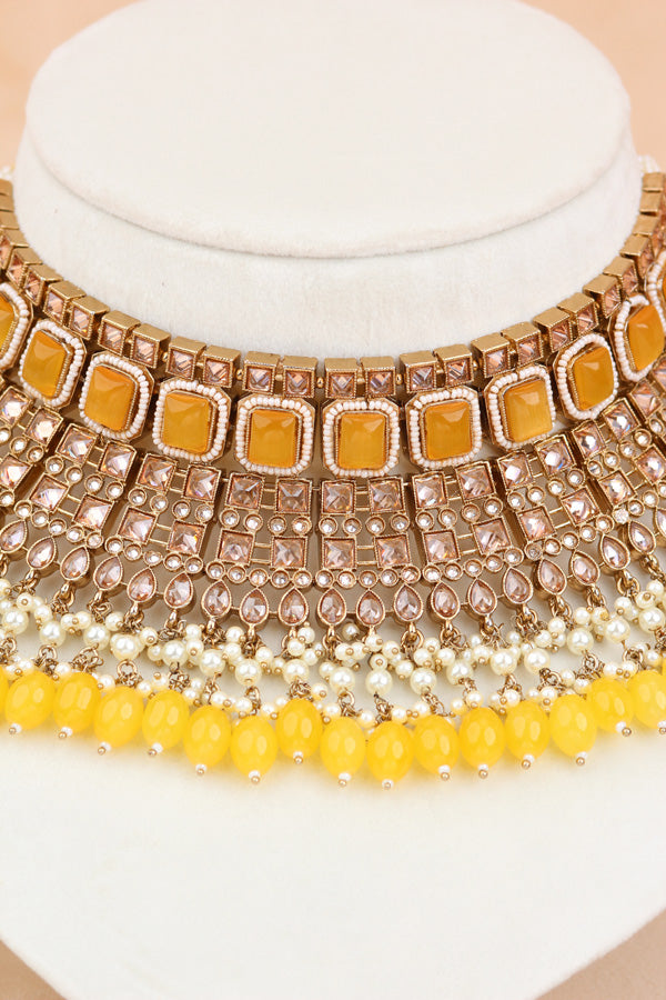 Yellow Large Statement Polki Choker With Large Earrings And Tikka (CS015-Y-MP-Polki)