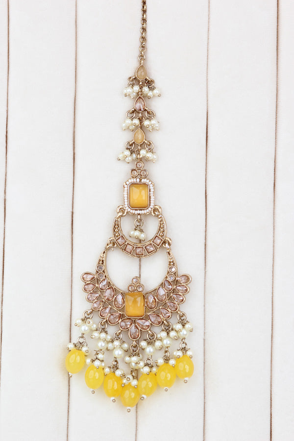 Yellow Large Statement Polki Choker With Large Earrings And Tikka (CS015-Y-MP-Polki)