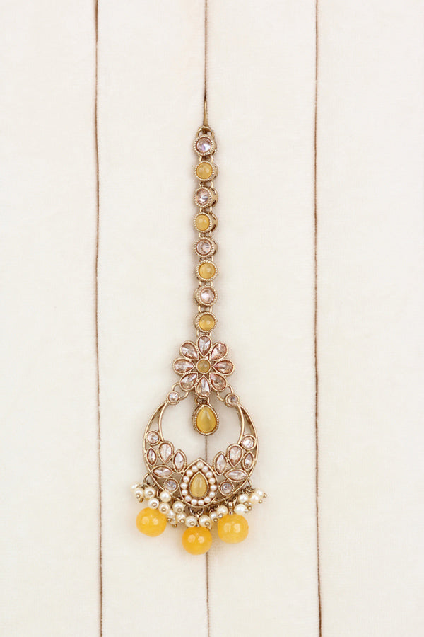 Yellow Mehndi Polish Polki Choker With Small Earrings And Small Tikka (CS021-Y-Polki)
