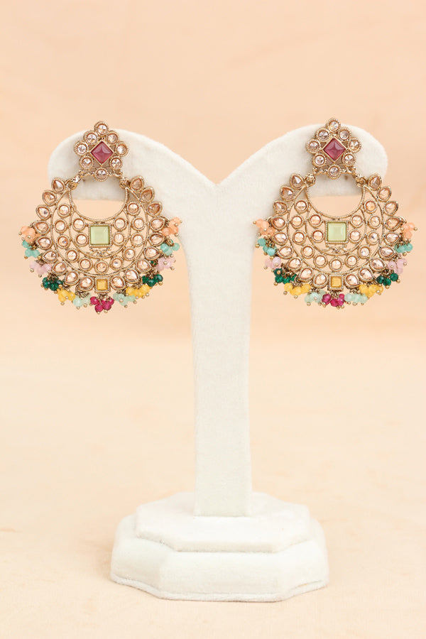 Multi Small Single Line Polki Choker With Large Earrings And Tikka (CS022-MU-Polki)