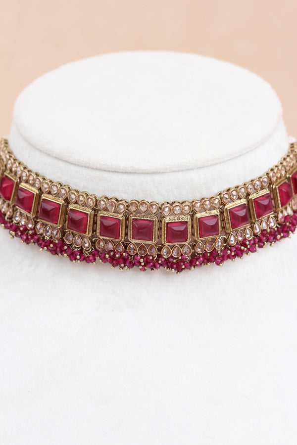 Ruby Red Small Single Line Polki Choker With Large Earrings And Tikka (CS022-RU-Polki)