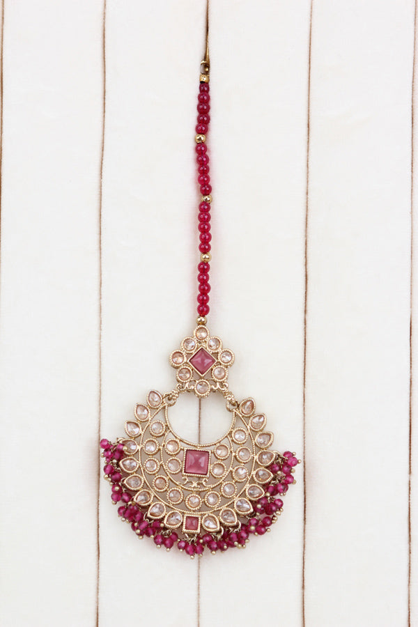 Ruby Red Small Single Line Polki Choker With Large Earrings And Tikka (CS022-RU-Polki)