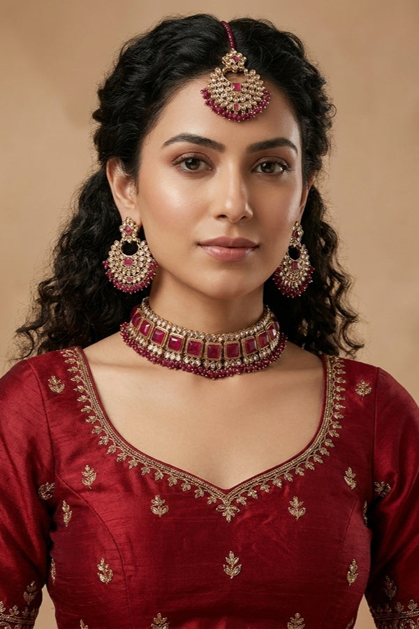 Ruby Red Small Single Line Polki Choker With Large Earrings And Tikka