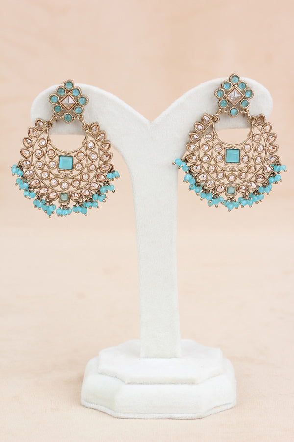 Turquoise Blue Small Single Line Polki Choker With Large Earrings And Tikka (CS022-TB-Polki)