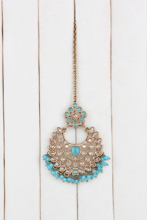 Turquoise Blue Small Single Line Polki Choker With Large Earrings And Tikka (CS022-TB-Polki)