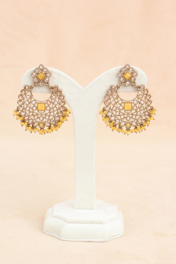 Yellow Small Single Line Polki Choker With Large Earrings And Tikka (CS022-Y-Polki)