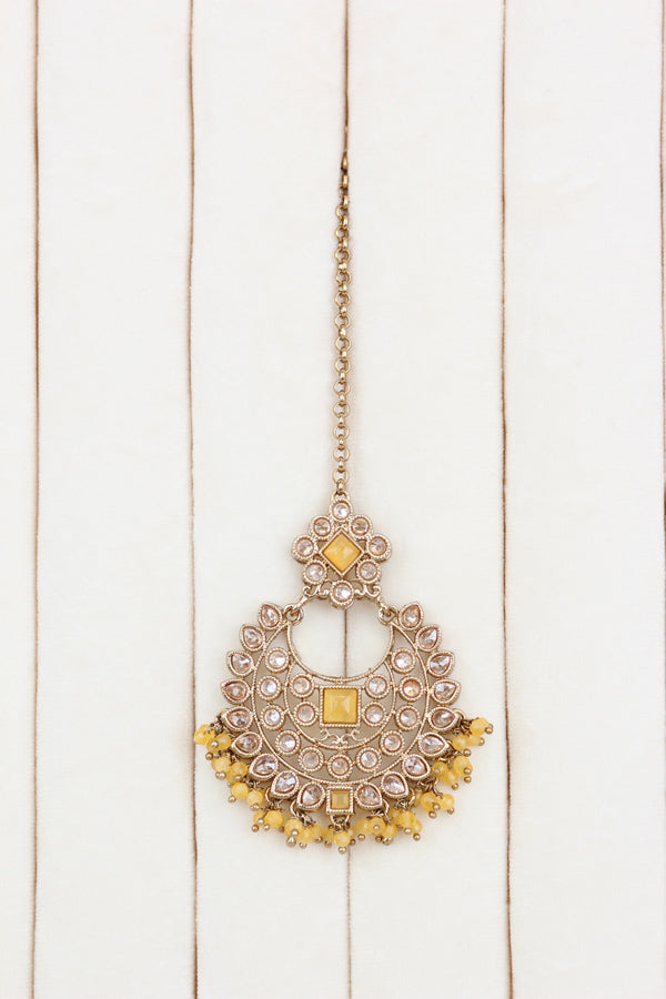 Yellow Small Single Line Polki Choker With Large Earrings And Tikka (CS022-Y-Polki)