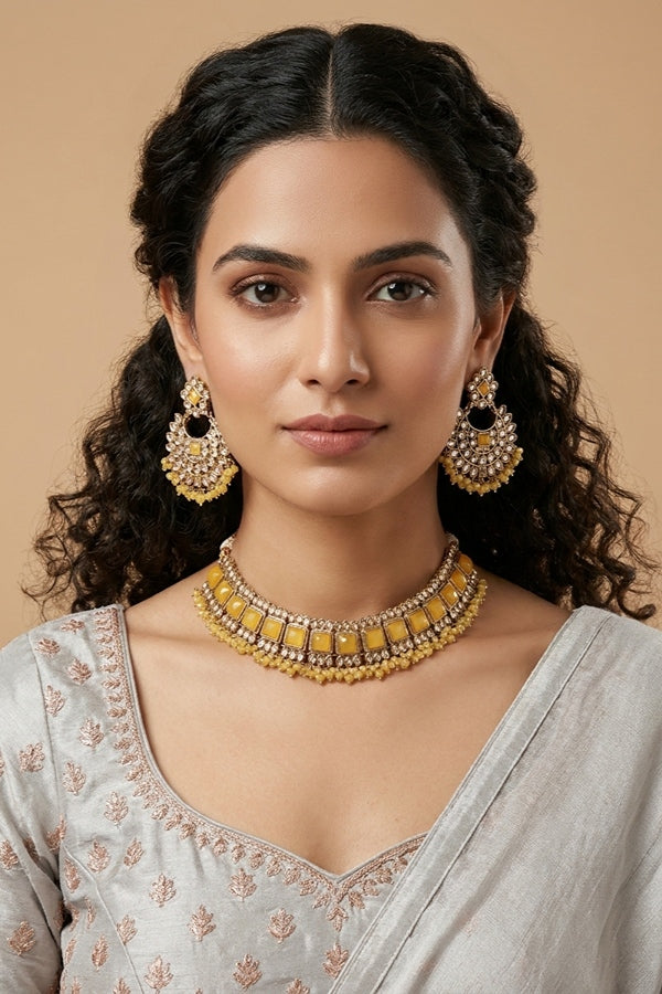 Yellow Small Single Line Polki Choker With Large Earrings And Tikka