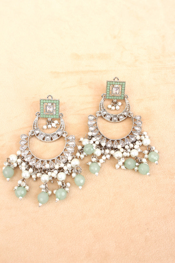 Light Green Silver Polish Polki Choker With Large Earrings And Tikka (CS023-LG-Polki)