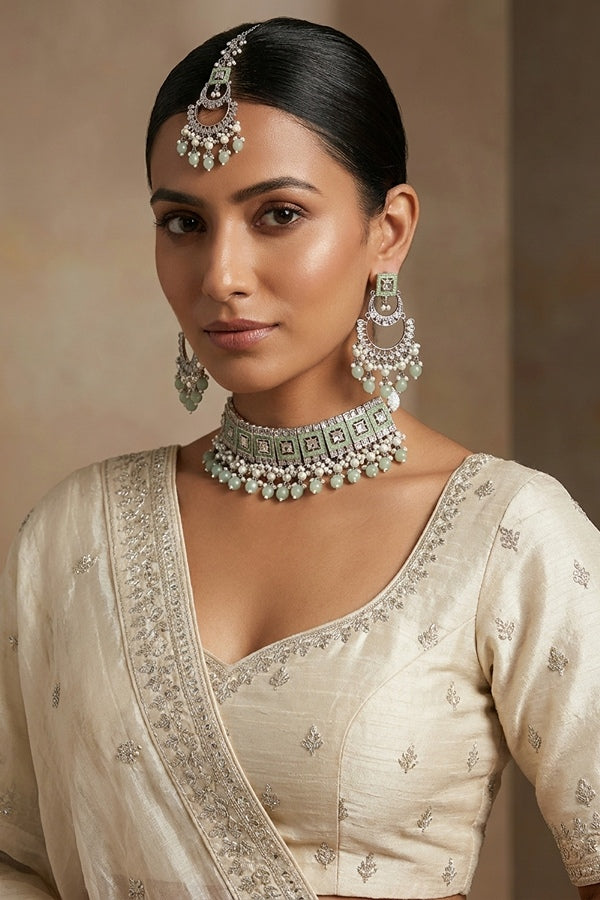 Light Green Silver Polish Polki Choker With Large Earrings And Tikka