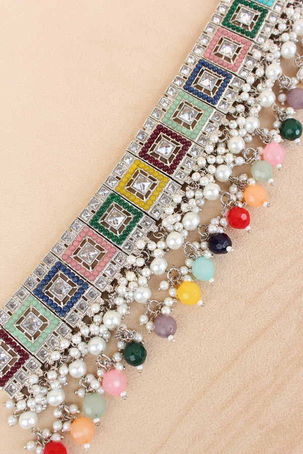 Multi Silver Polish Polki Choker With Large Earrings And Tikka (CS023-MU-Polki)