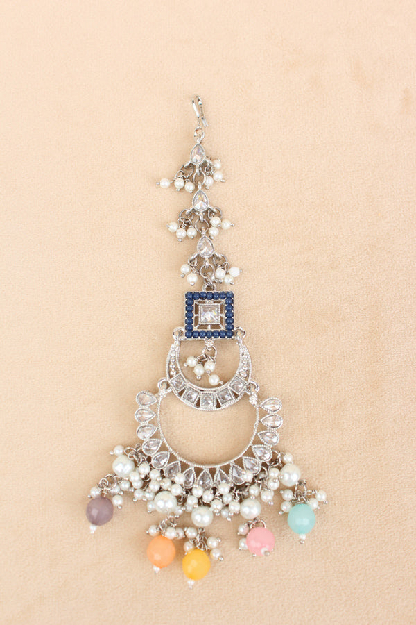 Multi Silver Polish Polki Choker With Large Earrings And Tikka (CS023-MU-Polki)