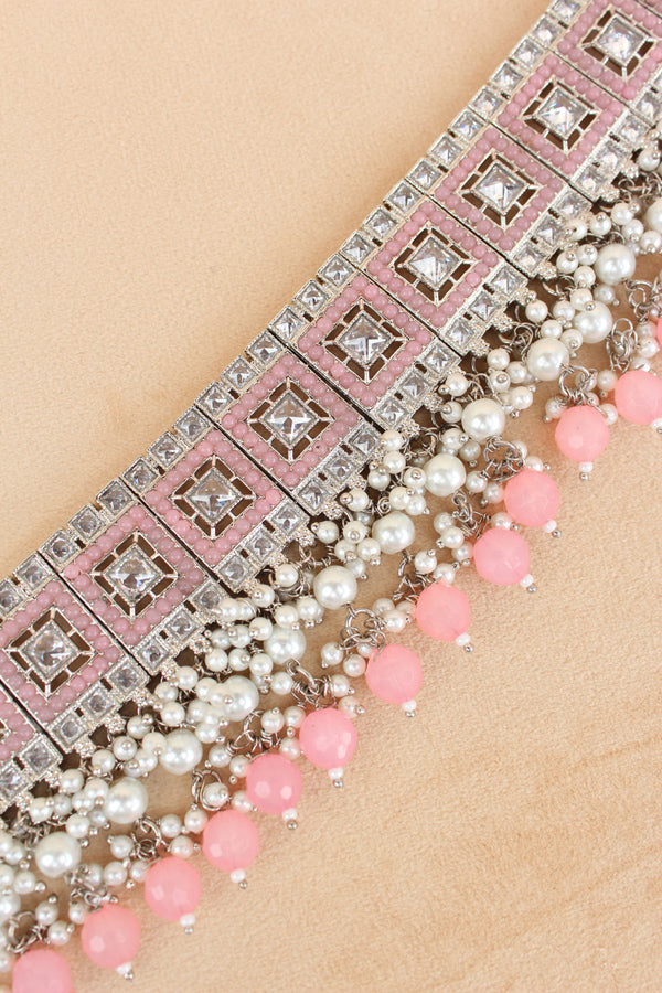 Pink Silver Polish Polki Choker With Large Earrings And Tikka (CS023-P-Polki)
