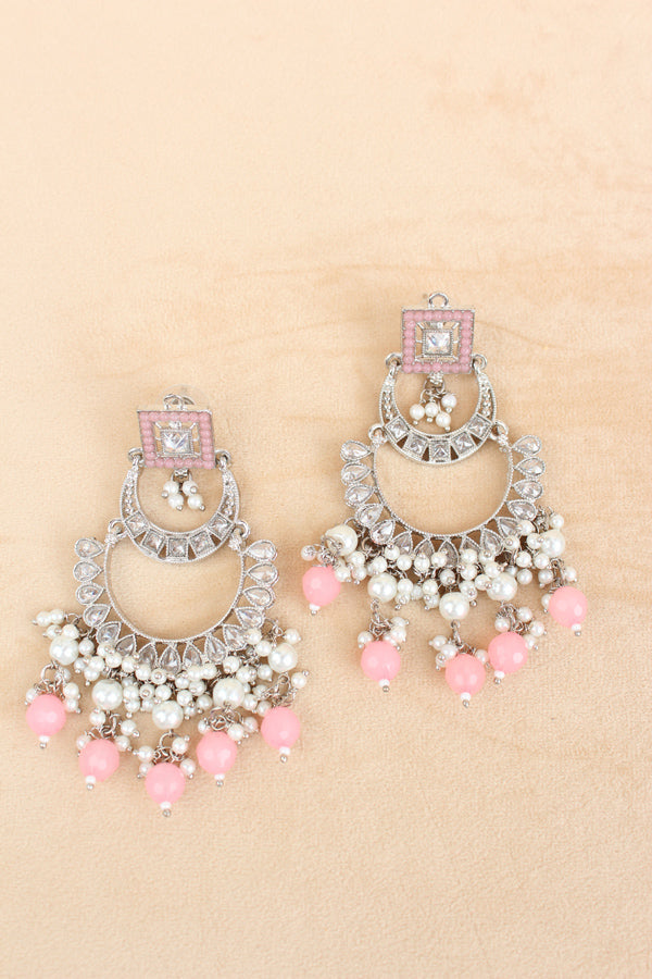 Pink Silver Polish Polki Choker With Large Earrings And Tikka (CS023-P-Polki)