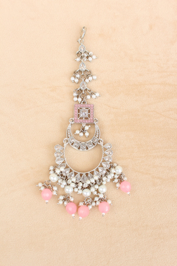 Pink Silver Polish Polki Choker With Large Earrings And Tikka (CS023-P-Polki)