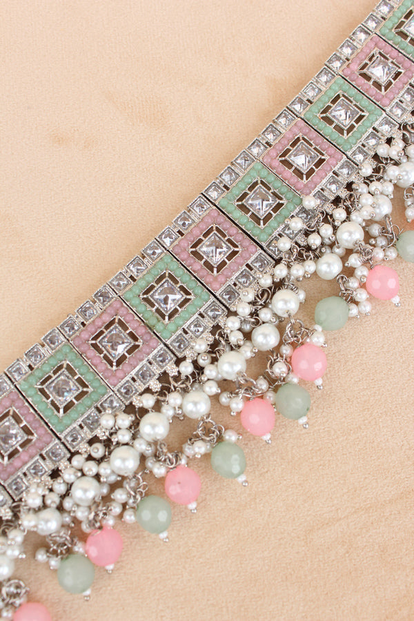 Pink Green Silver Polish Polki Choker With Large Earrings And Tikka (CS023-PG-Polki)