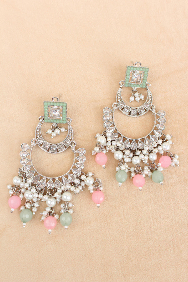 Pink Green Silver Polish Polki Choker With Large Earrings And Tikka (CS023-PG-Polki)