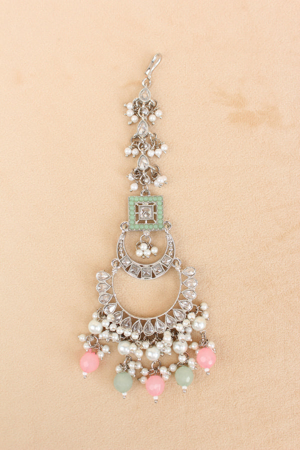 Pink Green Silver Polish Polki Choker With Large Earrings And Tikka (CS023-PG-Polki)