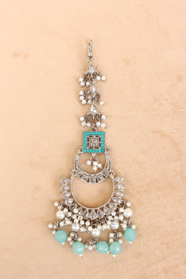 Sky Blue Silver Polish Polki Choker With Large Earrings And Tikka (CS023-SB-Polki)