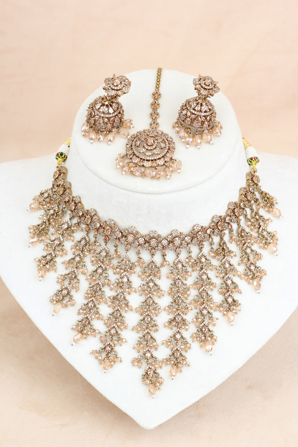 Gold Light Weight Heavy Look Choker With Matching Jhumka Earrings And Tikka (CS024-GO-Polki)