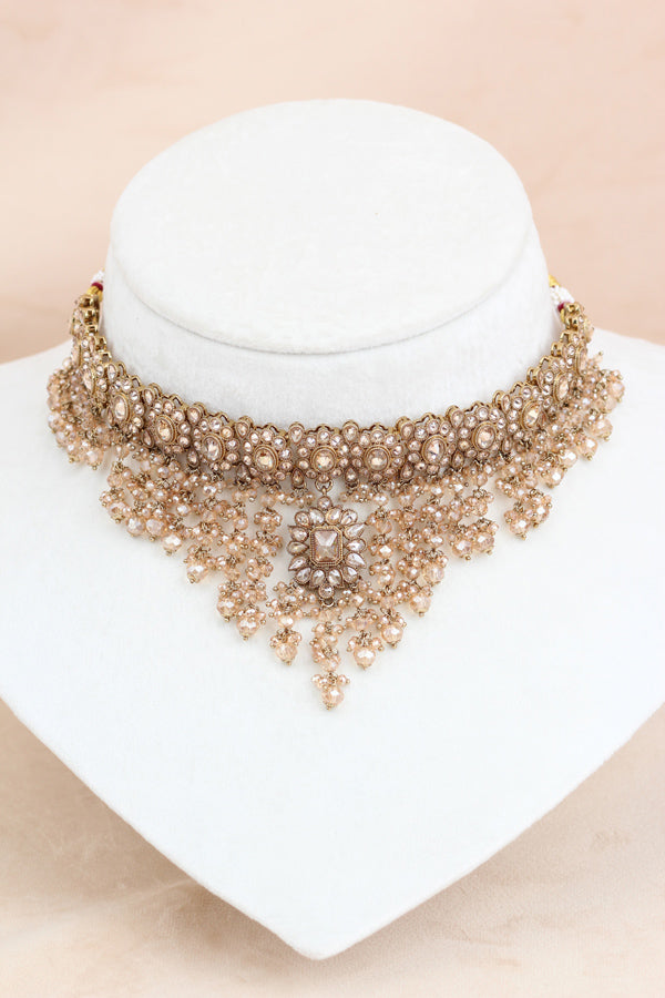 Gold Elegant And Light Weight Choker With Jhumka Earrings And Tikka (CS025-Polki)