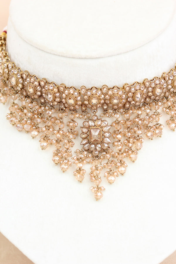 Gold Elegant And Light Weight Choker With Jhumka Earrings And Tikka (CS025-Polki)