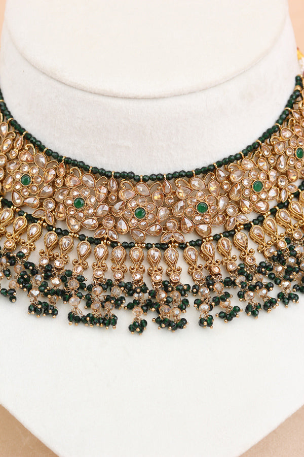 Green Statment Choker With Attached Pendants. Also Earrings With Jhumka And Saharey Attached And Tikka (CS026-G-Polki)