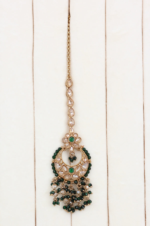 Green Statment Choker With Attached Pendants. Also Earrings With Jhumka And Saharey Attached And Tikka (CS026-G-Polki)