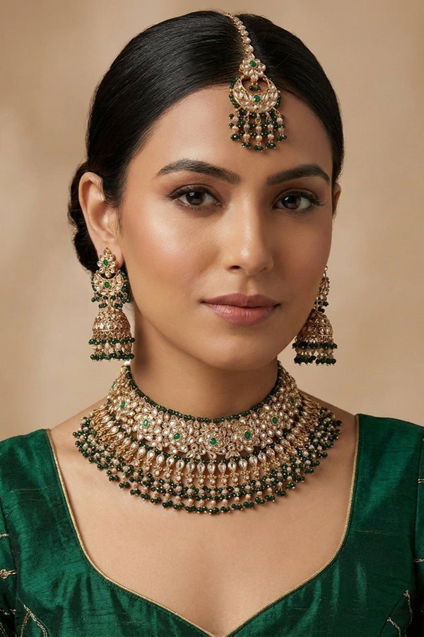 Green Statment Choker With Attached Pendants. Also Earrings With Jhumka And Saharey Attached And Tikka