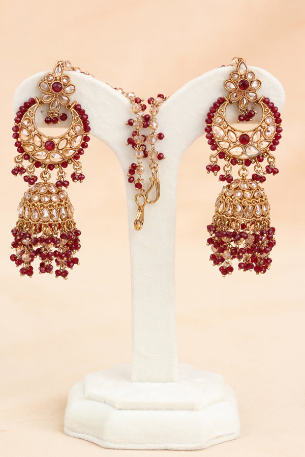 Maroon Statment Choker With Attached Pendants. Also Earrings With Jhumka And Saharey Attached And Tikka (CS026-M-Polki)