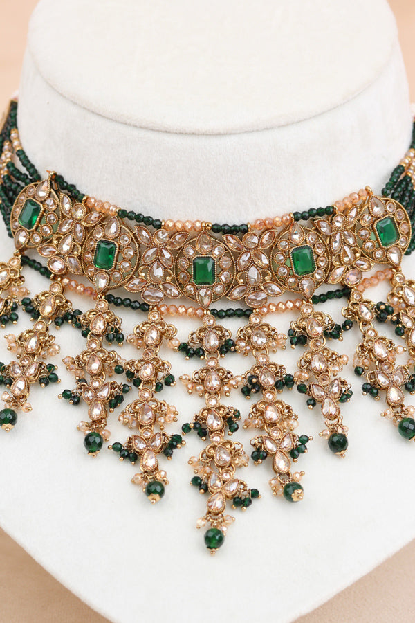 Green Small And Elegant Choker Set With Large Earrings And Tikka (CS027-G-Polki)