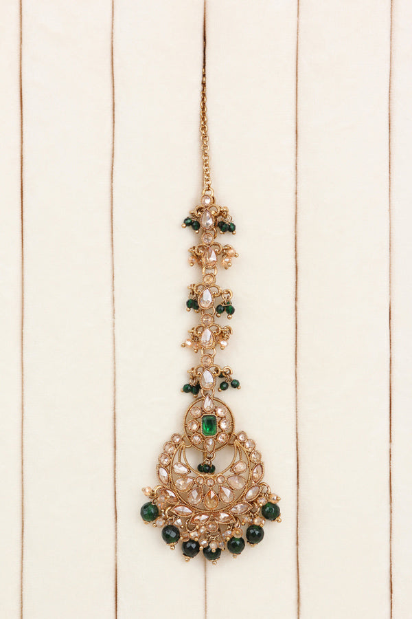 Green Small And Elegant Choker Set With Large Earrings And Tikka (CS027-G-Polki)