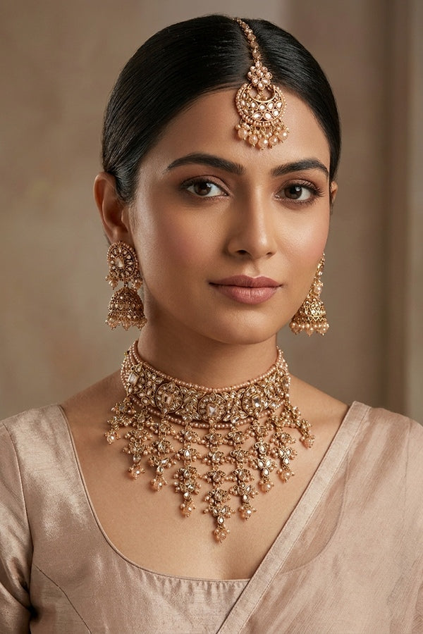 Gold Small And Elegant Choker Set With Large Earrings And Tikka