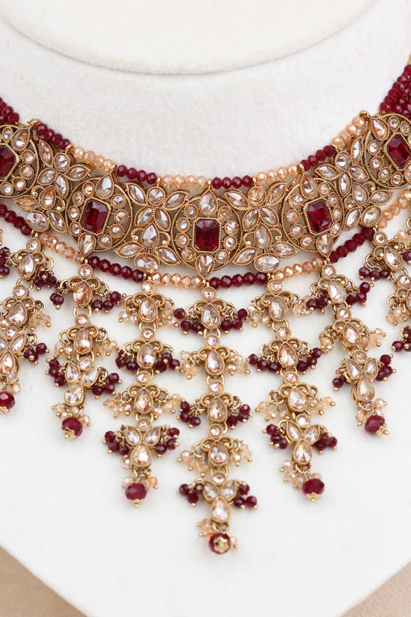 Ruby Red Small And Elegant Choker Set With Large Earrings And Tikka (CS027-RU-Polki)
