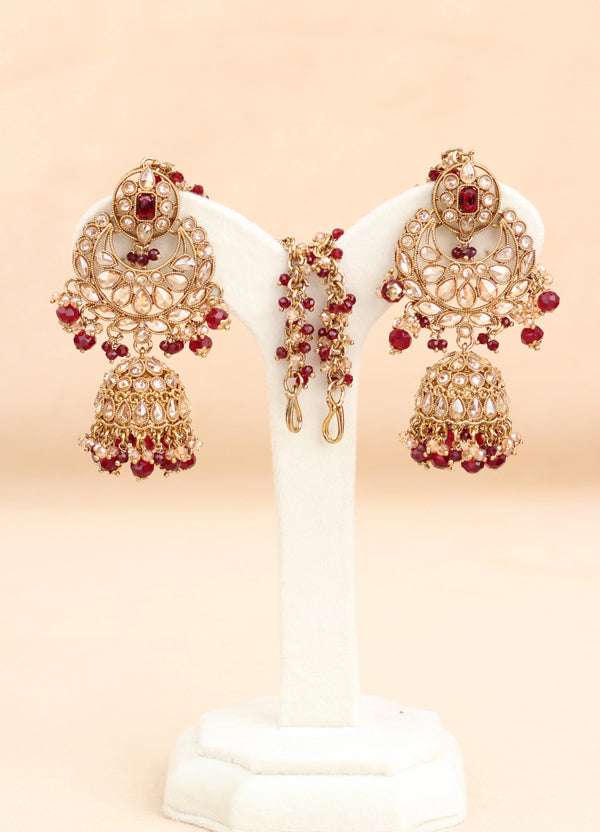 Ruby Red Small And Elegant Choker Set With Large Earrings And Tikka (CS027-RU-Polki)