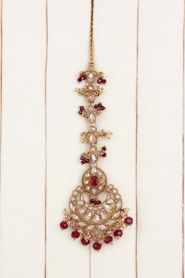 Ruby Red Small And Elegant Choker Set With Large Earrings And Tikka (CS027-RU-Polki)