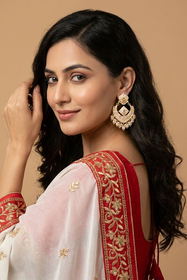 Large Earrings In White Color With White Pearls Attached