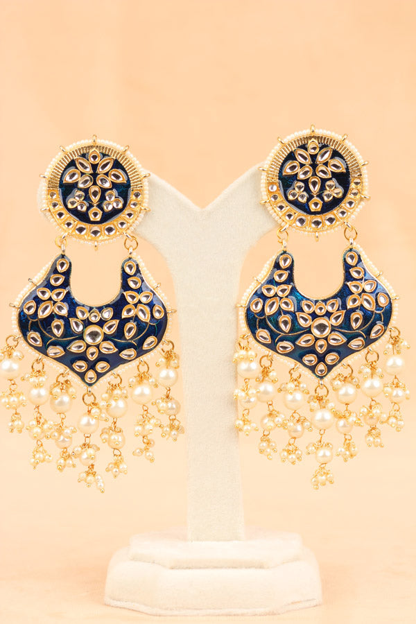 Heavy And Large Earrings In Blue Color With Pearls Attached (E002-B-B1)