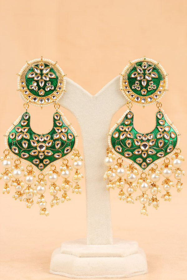 Heavy And Large Earrings In Green Color With Pearls Attached (E002-G-B1)